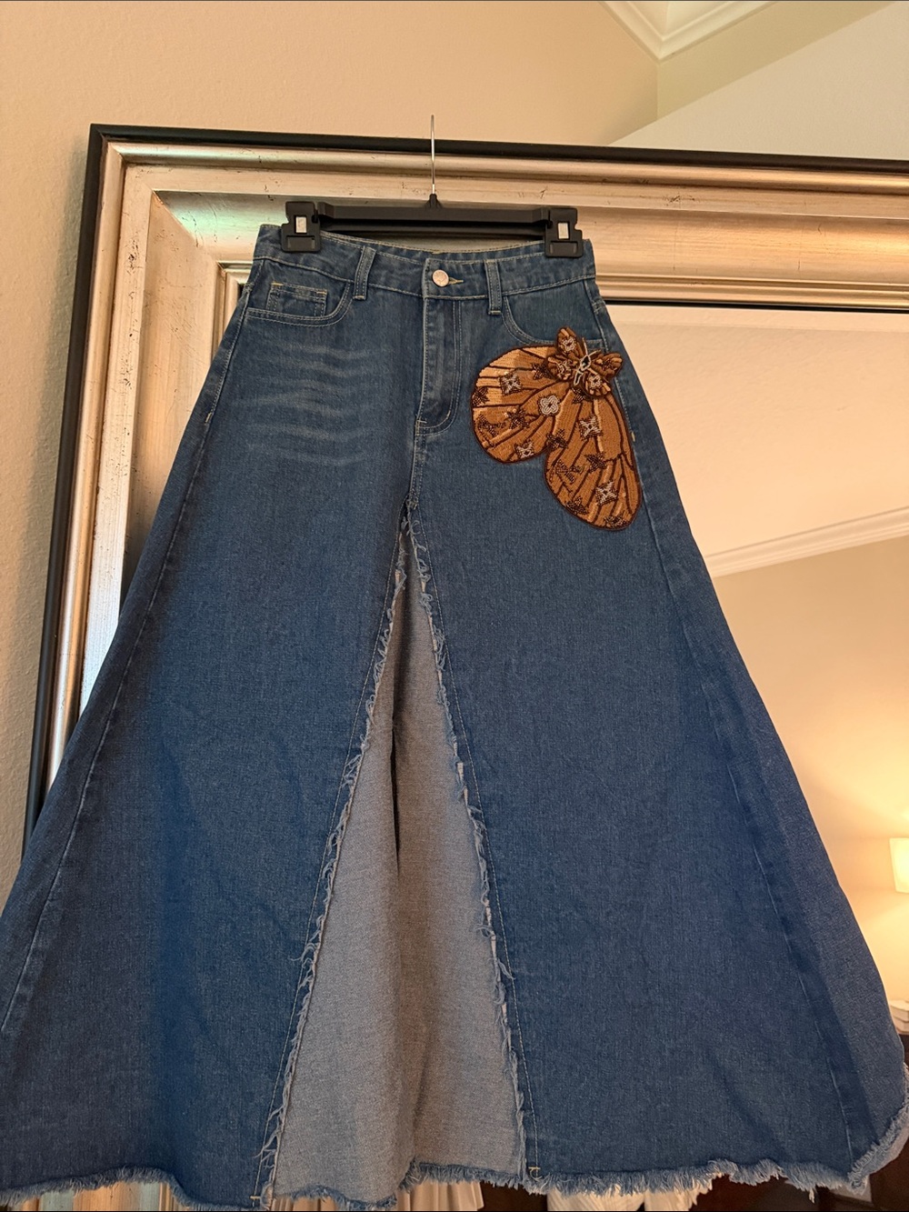 Blue Denim Maxi Skirt with Brown Floral Patch Embellishment
